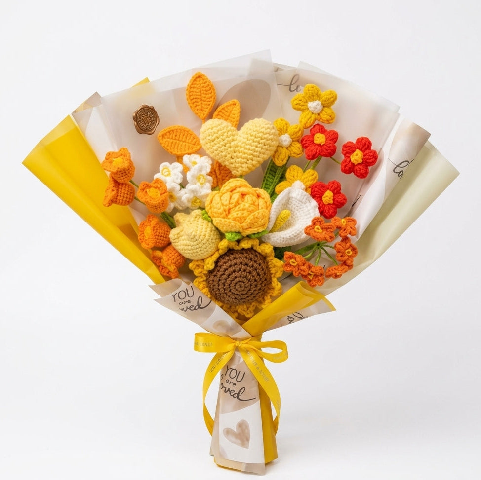 Korean Style Yellow Heart Floral Mix - 11-Stem Crochet Bouquet