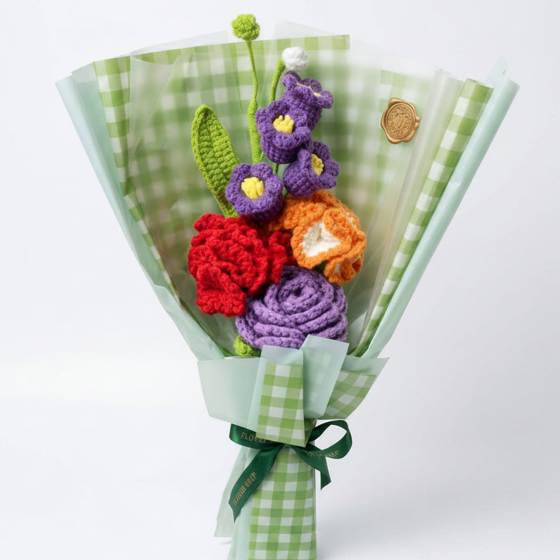 Rose, Lily of the Valley & Carnation Mix - 4-Stem Green Crochet Bouquet