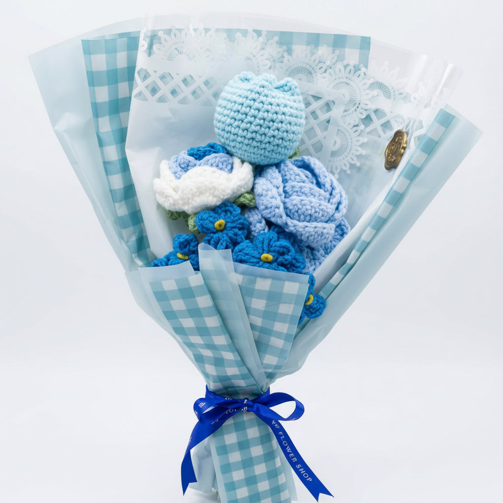 Rose, Tulip & Forget-Me-Not Mix - 4-Stem Blue Crochet Bouquet