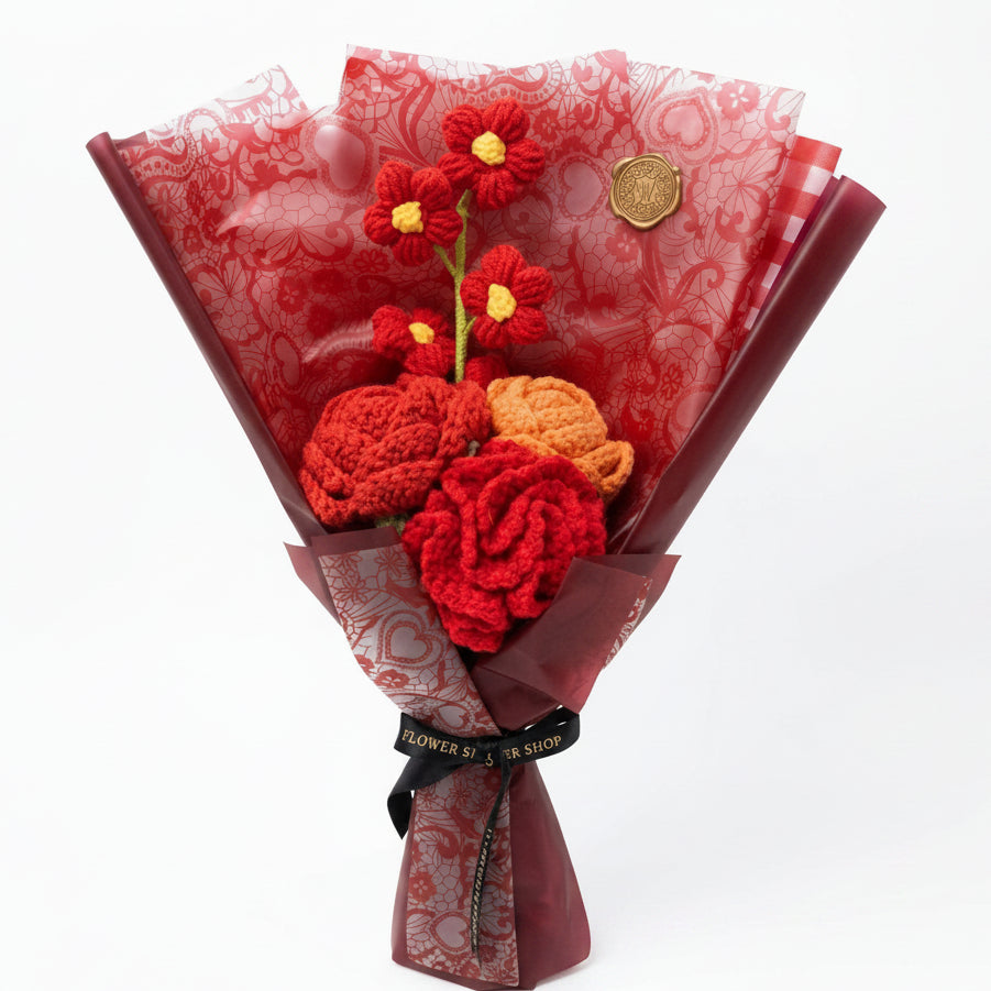 Rose, 5-Petal Flower & Carnation Mix - 4-Stem Red Crochet Bouquet