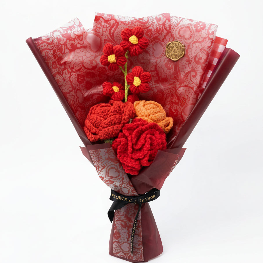 Rose, 5-Petal Flower & Carnation Mix - 4-Stem Red Crochet Bouquet