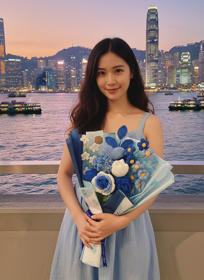 韓式藍色愛心混花編織花束（11枝裝）