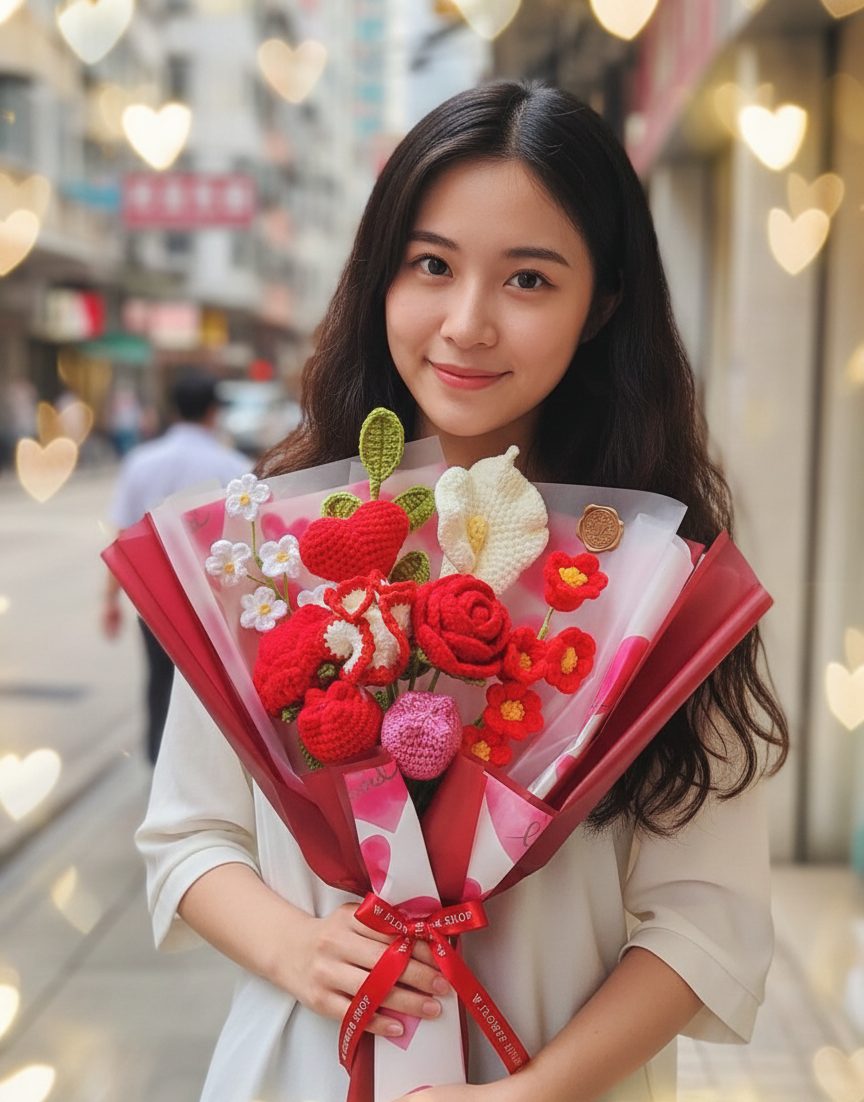 韓式紅色愛心混花編織花束（10枝裝）