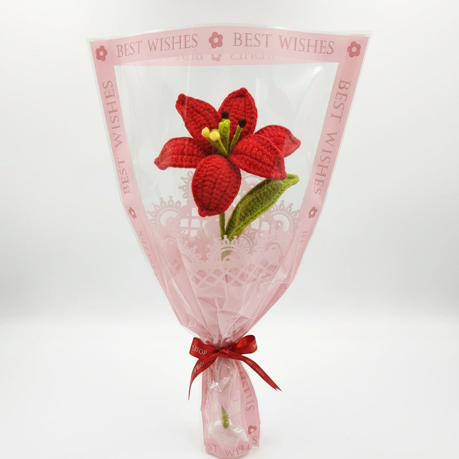 Red Lily - Single Stem Crochet Flower with Unique Wrapping