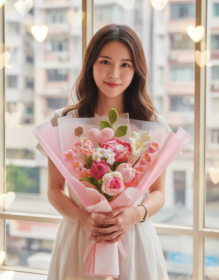 韓式粉紅色愛心混花編織花束（11枝裝）
